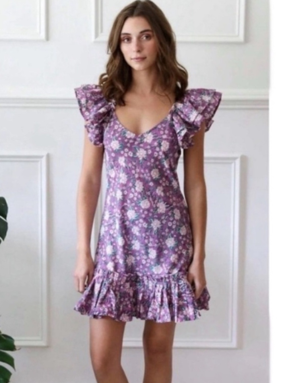 MILLE Resort Wear Purple Floral Ruffled Mini Dress